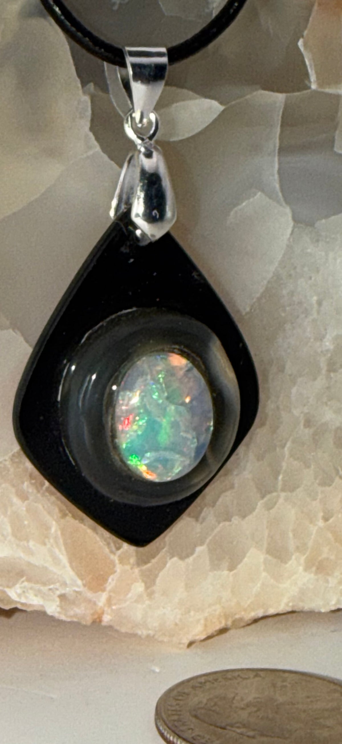 Opal, coral, black jade pendant