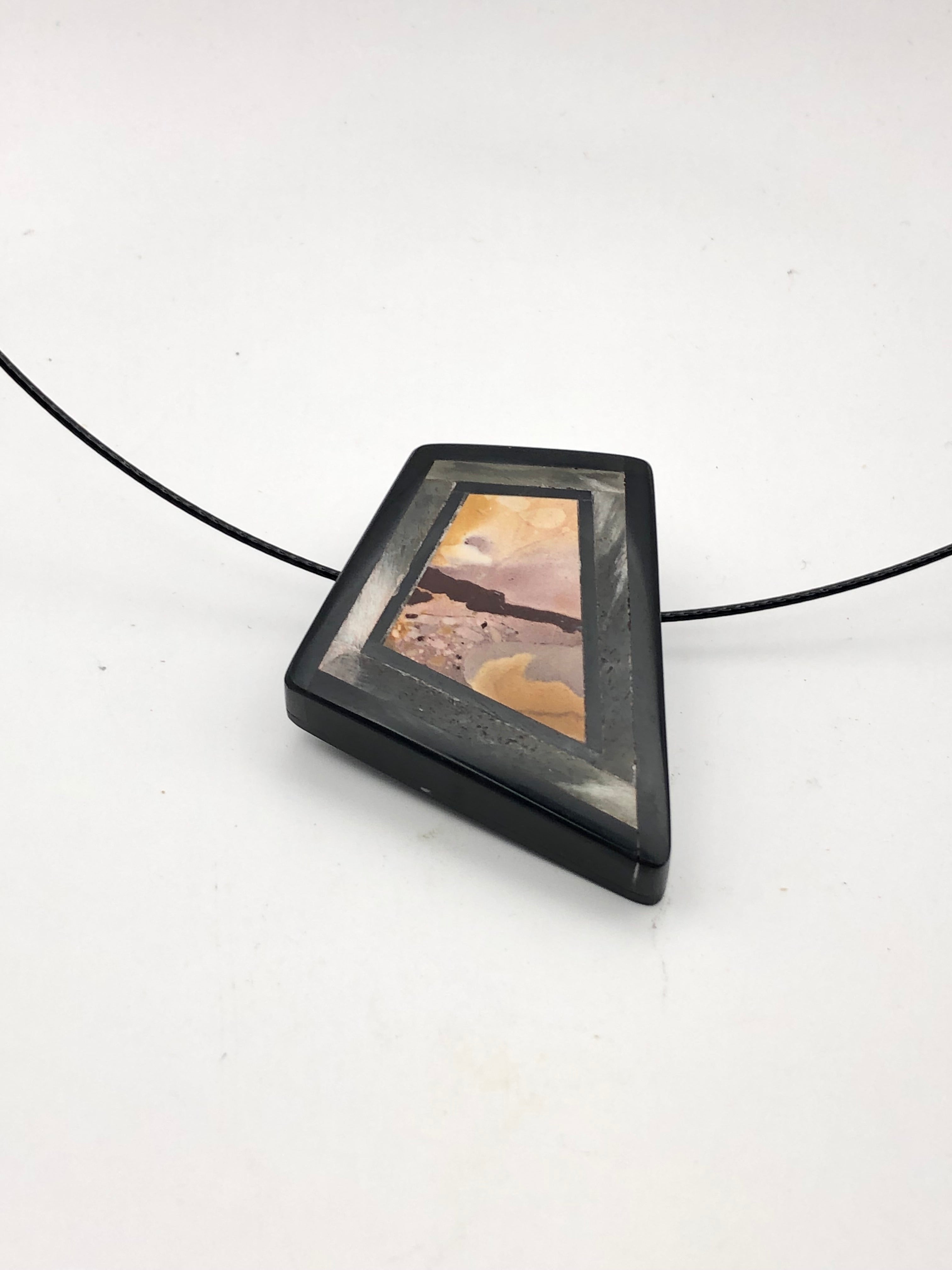 Beach Scene: Picture Jasper, Calcite and Black Jade intarsia Pendant